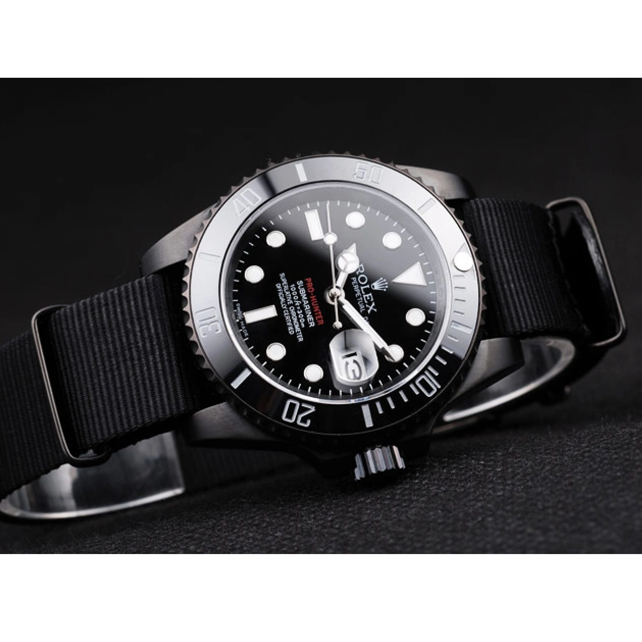 Aaa replica watch Submariner Fabric Black Black Rolex Dial Swiss Strap Pro-Hunter 0707